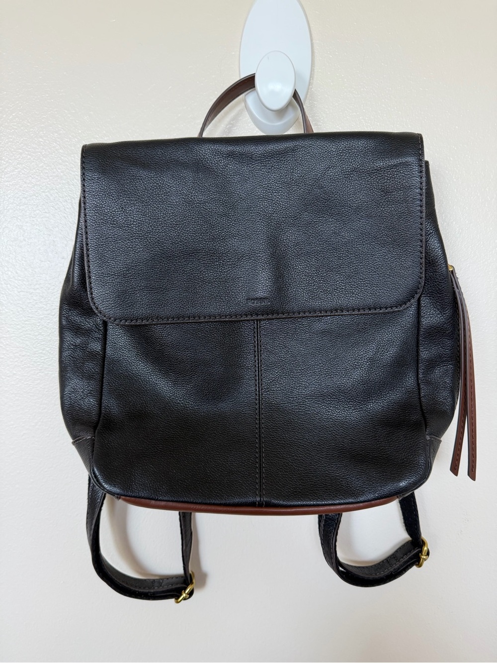 FOSSIL Black Pebbled Leather Backpack with Brown Trim
